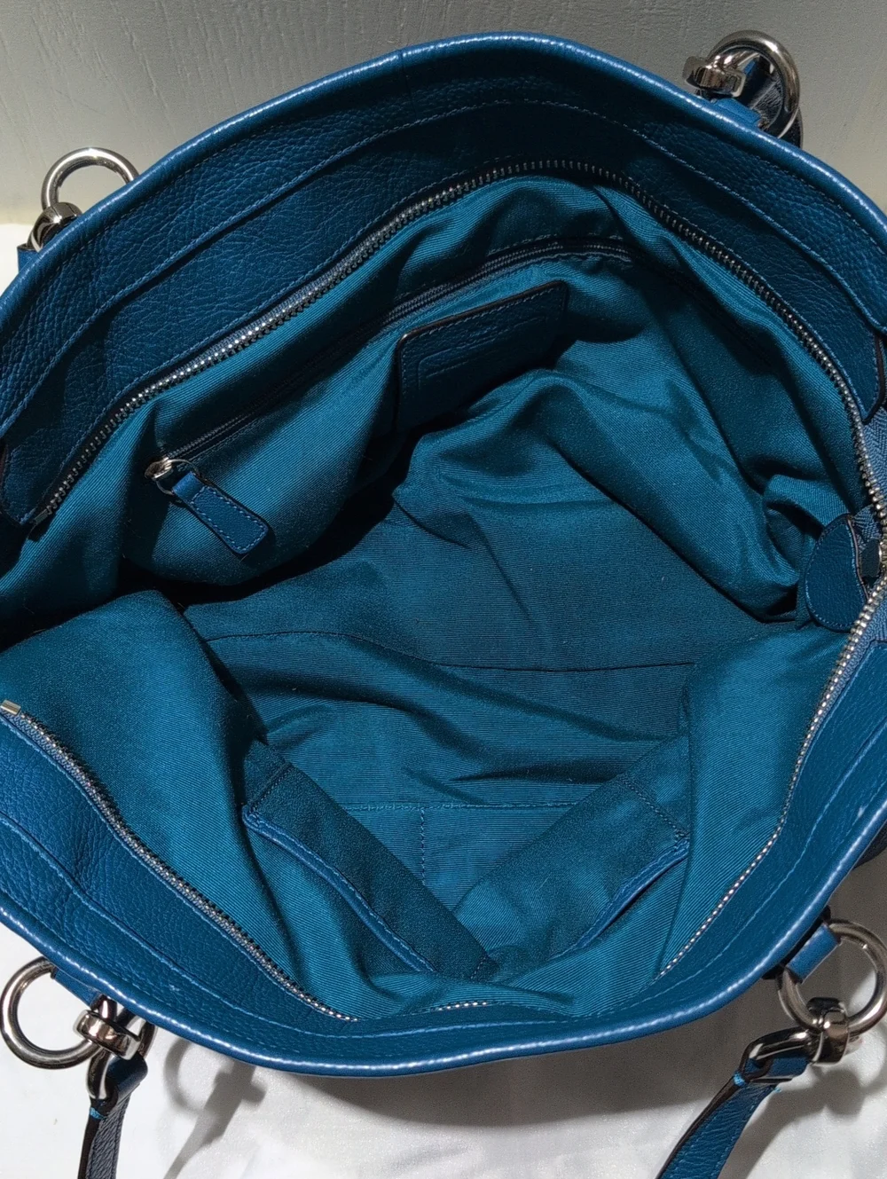 Coach Teal Blue Pebbled Leather Tote with Silver Hardware